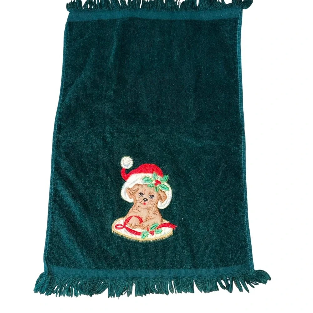 Vintage Christmas Hand Towel Embroidered Puppy Dog Santa Hat Fringed Green Bath